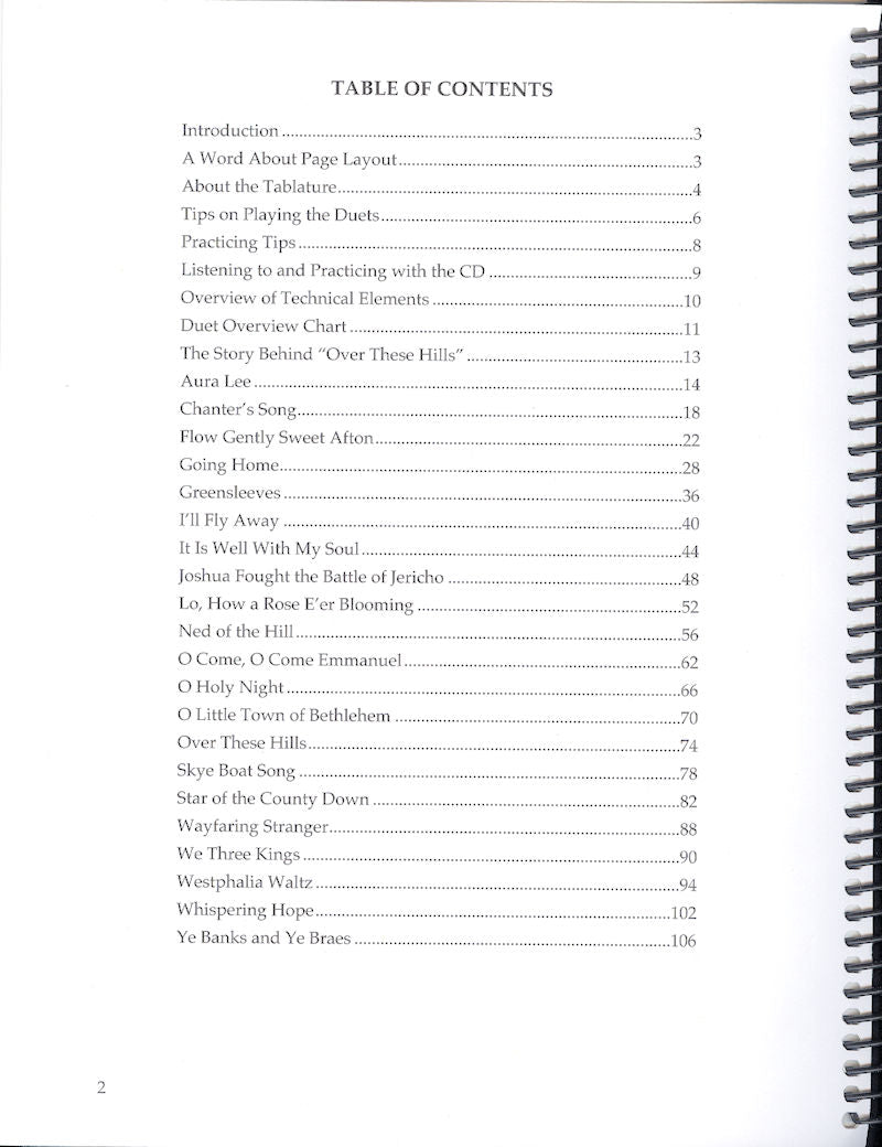 Table of Contents page from the book "Joined in Harmony" by Sue Carpenter, listing sections and corresponding page numbers, starting with "Introduction" on page 3 and ending with "Ye Banks and Ye Braes" on page 106. Includes special notes on tunings and duet arrangements, plus a CD with tunes to complement your reading.