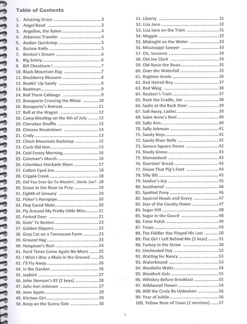 A spiral notebook with a list of names, numbers, and It's All About The Bass Dulcimer - By Elaine Conger tunes.