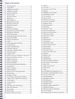 A spiral notebook with a list of names, numbers, and It's All About The Bass Dulcimer - By Elaine Conger tunes.