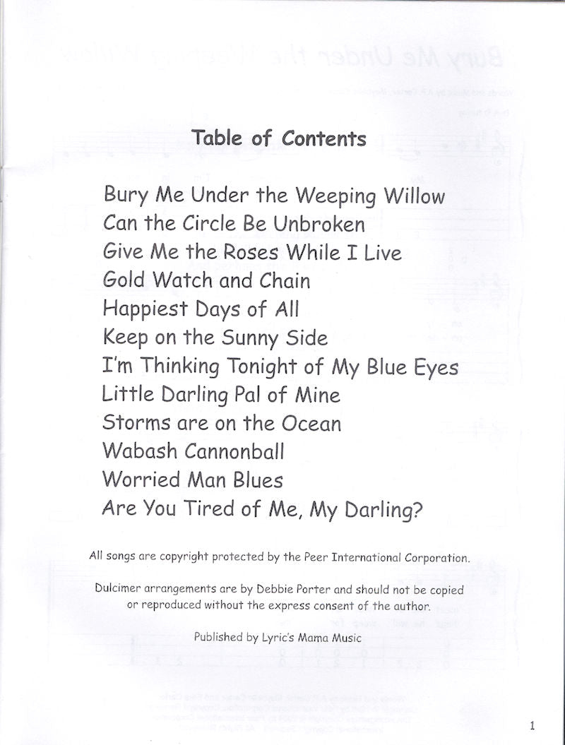 Table of Contents page listing 15 Carter Family standards, including "Bury Me Under the Weeping Willow" and "Keep on the Sunny Side." The page also features dulcimer tab for each song and includes copyright information at the bottom in **Carter Family Tunes by Debbie Porter**.