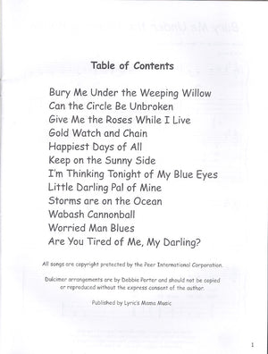 A table of contents for the children's book "Carter Family Tunes - by Debbie Porter" featuring Carter Family songs and dulcimer tabs.
