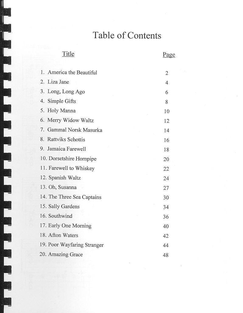 The table of contents of a notebook featuring "Tunes for Two or More, Vol 3" by Beth Lassi and Nina Zanetti.