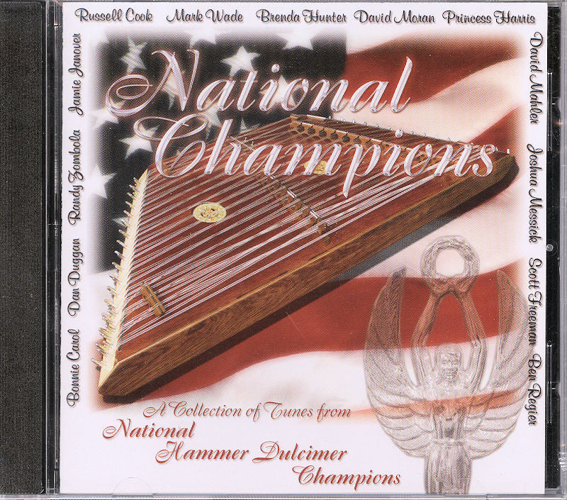 Album cover for "Hammered Dulcimer Champions," featuring a dulcimer in front of a U.S. flag. This music compilation showcases various artists, with their names elegantly surrounding a gleaming trophy.