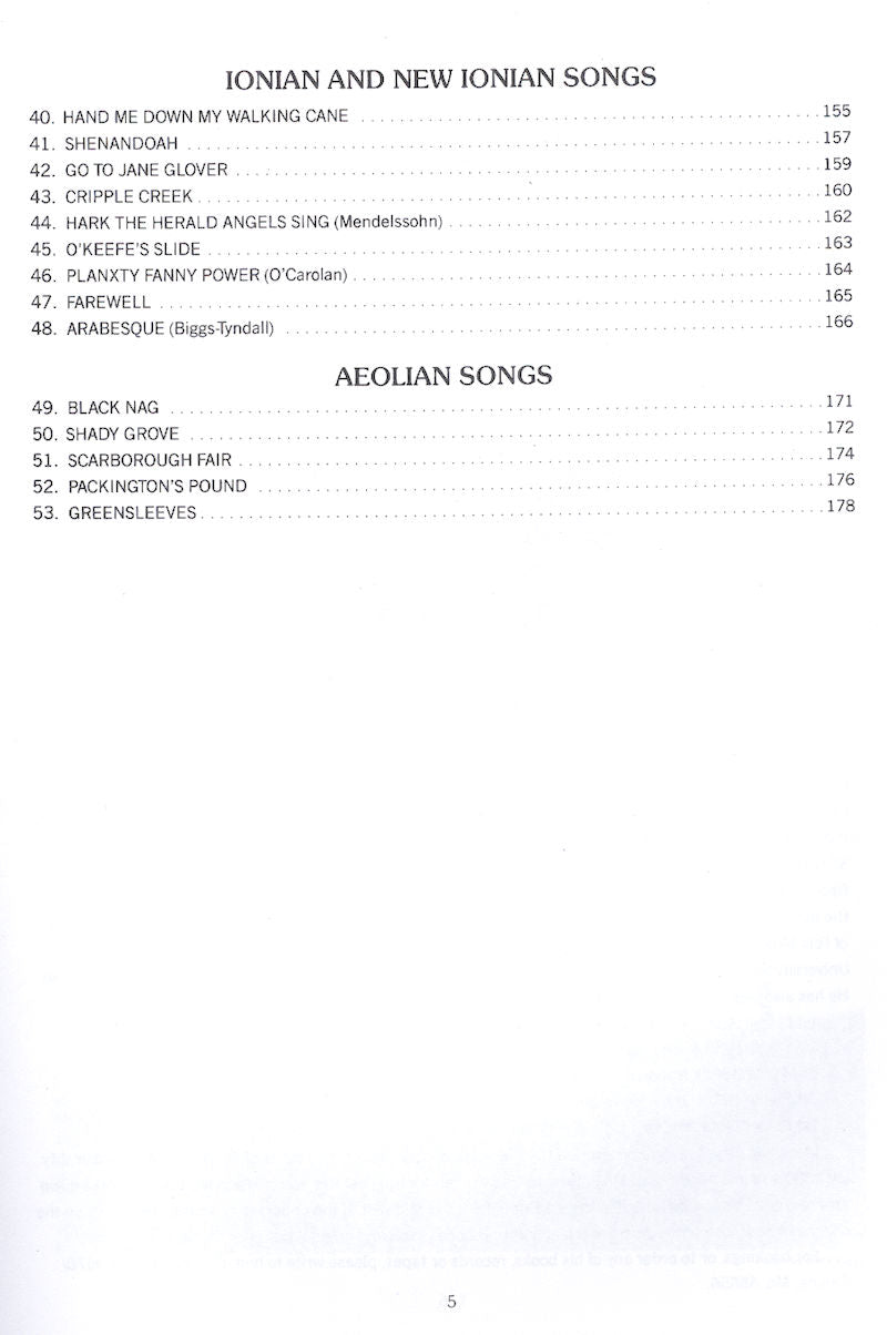 Mel Bay's Complete Dulcimer Handbook by Mark Biggs includes a segment titled "Ionian and New Ionian Songs" featuring pieces numbered 40 to 47, and another labeled "Aeolian Songs," covering numbers 49 to 53. This comprehensive guide is an outstanding resource for dulcimer players developing their lesson plans.