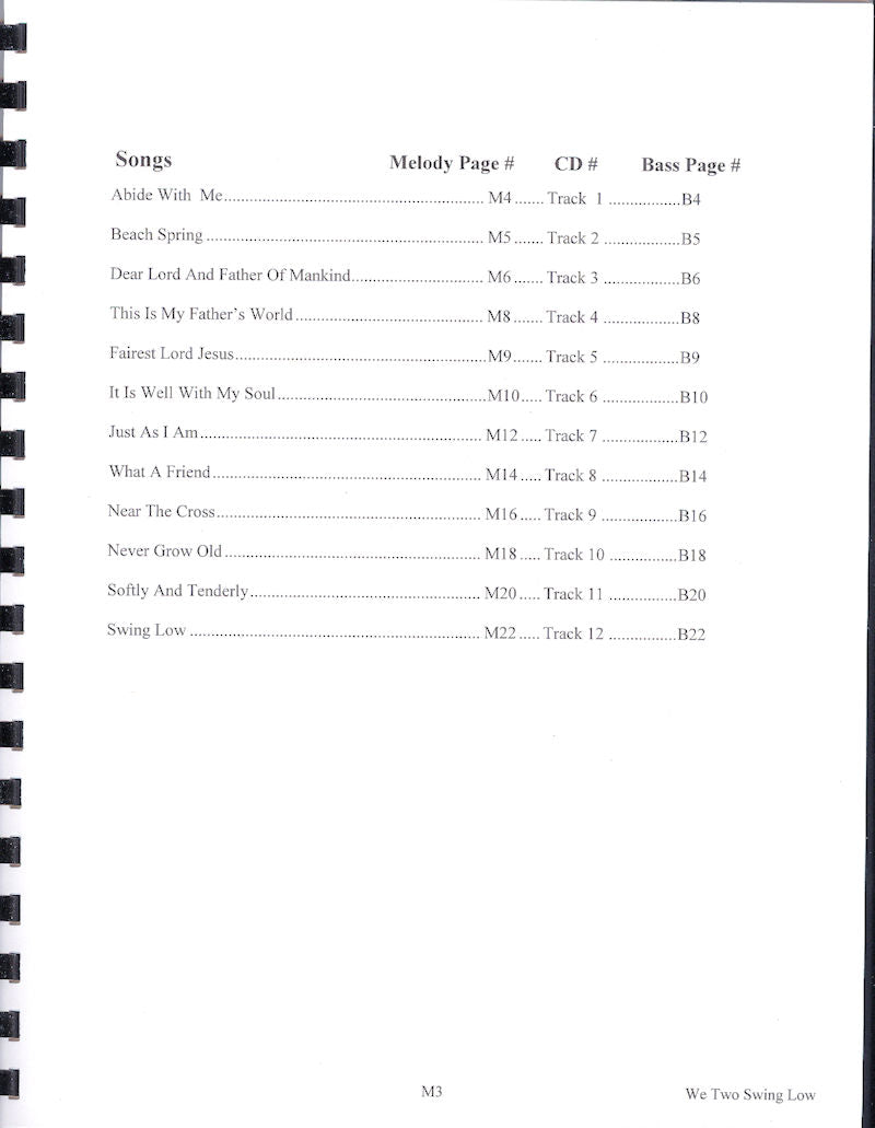 Index page of We Two Swing Low listing hymns arranged for mountain dulcimer with corresponding melody page, track, and bass page numbers in Dadd tuning.