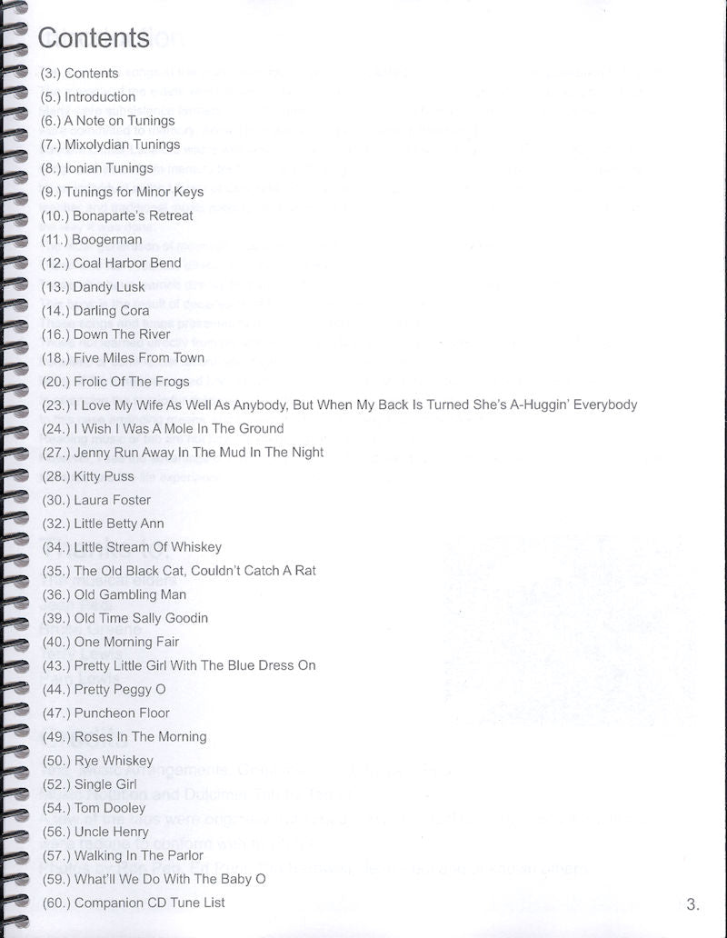 Table of contents of Simply Old Time Dulcimer -by Don Pedi handwritten in a lined notebook, listing chapters with diverse and intriguing titles on traditional music.