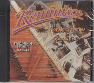 CD cover titled "Reminisce" by Russell Cook, showcasing sepia-toned photos and an image of a hammer dulcimer with mallets.