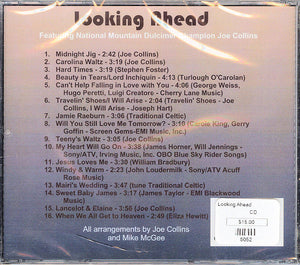 CD cover for "Looking Ahead" by Joe Collins, featuring instrumental tracks including titles like "Midnight Jig" and "Teeny's Waltz," with a total of 16 songs. The price tag reads $15.00.