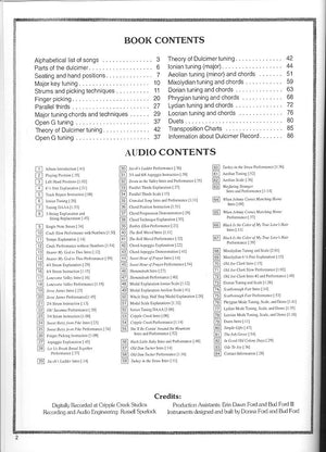Index page of the Cripple Creek Dulcimer by Bud and Donna Ford, a music theory book showing lists of chapters on alphabets, scales, dulcimer technique, tuning, and theory fundamentals, along with audio content details.