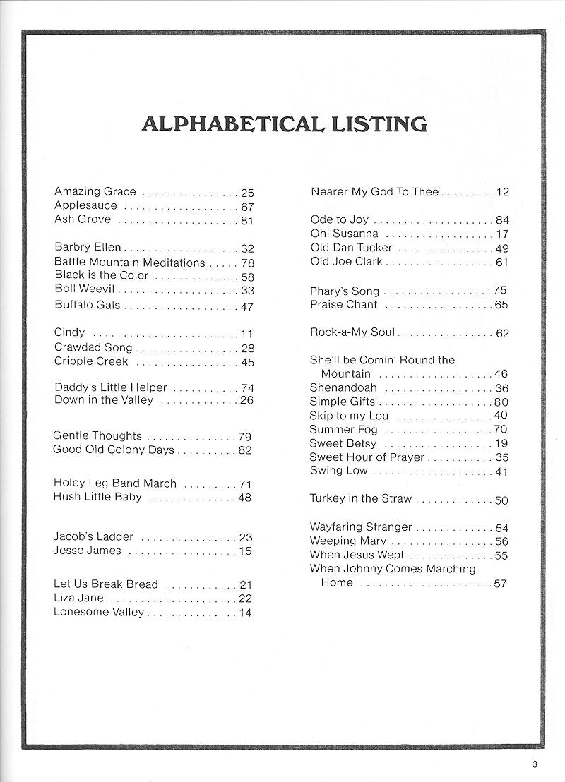 Page from a traditional songbook displaying an alphabetical list of song titles, including "Cripple Creek," with corresponding page numbers and notes on Cripple Creek Dulcimer by Bud and Donna Ford technique.