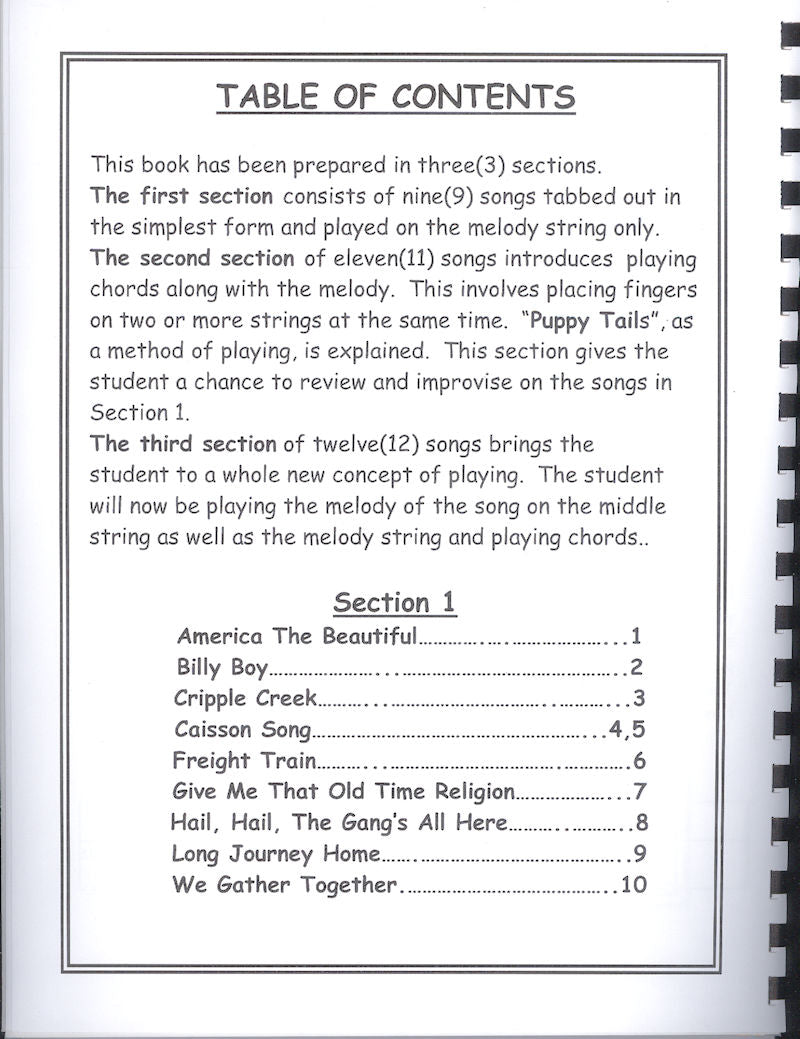 An Aunt Rhody's Step Up - by Red Dog Jam book with a table of contents featuring Happy Music and Folk Songs.