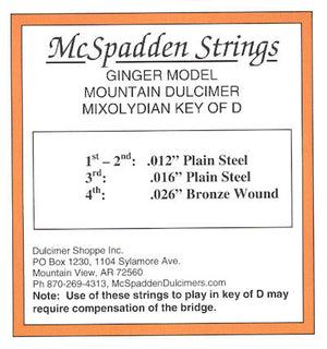 Label for Ginger Key of D String Set BALL End, McSpadden Strings Bronze Wound Ginger Model Mountain Dulcimer, Mixolydian Key of D. Includes gauge info and contacts. Note: Using strings for D key might require adjusting the bridge.