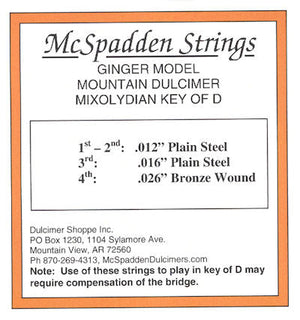 Label for McSpadden Strings Ginger Key of D String Set LOOP End, designed for the Mountain Dulcimer in Mixolydian Key of D. Features: string gauges 1st-2nd .012" Plain Steel, 3rd .016" Plain Steel, 4th .026" Bronze Wound.