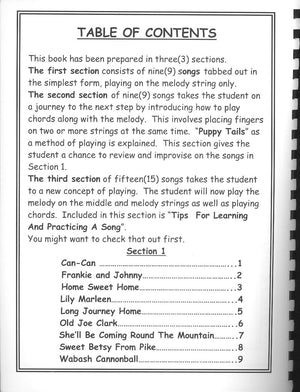 An intermediate book featuring a table of contents for Old Joe Clark's Step Up -by Red Dog Jam with some catchy folk songs like the Red Dog Jam.