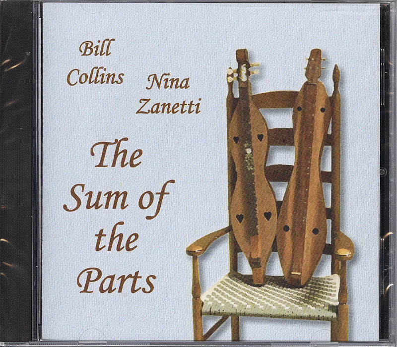 CD cover titled "The Sum Of The Parts" by Nina Zanetti, depicting two dulcimers on a wooden chair. This captivating piece captures the essence of music through its harmonious display.