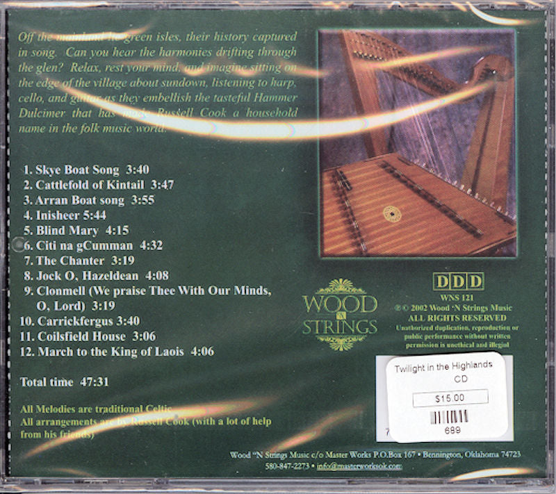 Back cover of "Twilight in the Highlands" by Russell Cook CD case showcasing a track list with 16 songs, a brief album description, and a price tag of $16. A string instrument is partially visible on the right.