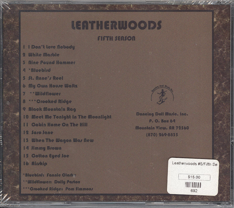 The album cover for "Fifth Season" by Leatherwoods features a tracklist that includes songs such as "I Don't Love Nobody" and "White Marble," with a price sticker of $15.00.