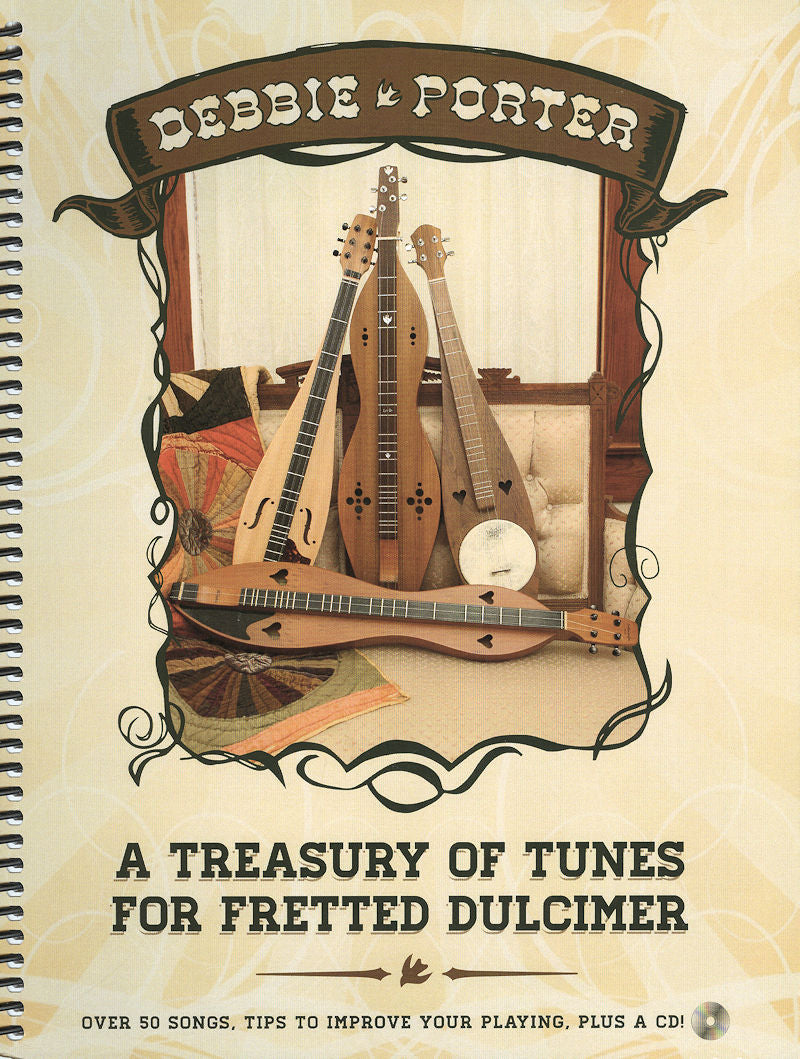 Cover of a music book titled "A Treasury of Tunes by Debbie Porter." Includes images of fretted dulcimers and mentions over 50 songs, playing tips, tablature, and a CD.