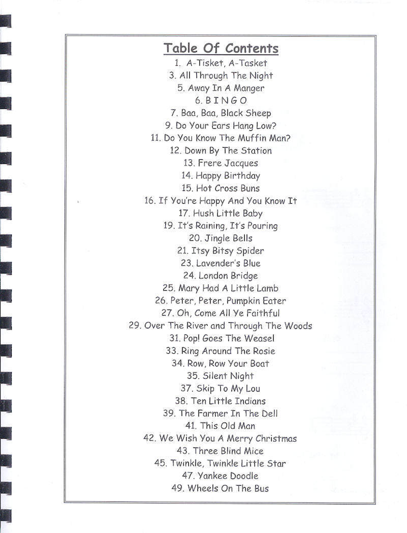 The table of contents for a spiral notebook featuring Grandpa's Musical Guide or Songs Your Grandkids Should Know Book - by Red Dog Jam and Red Dog Jam.