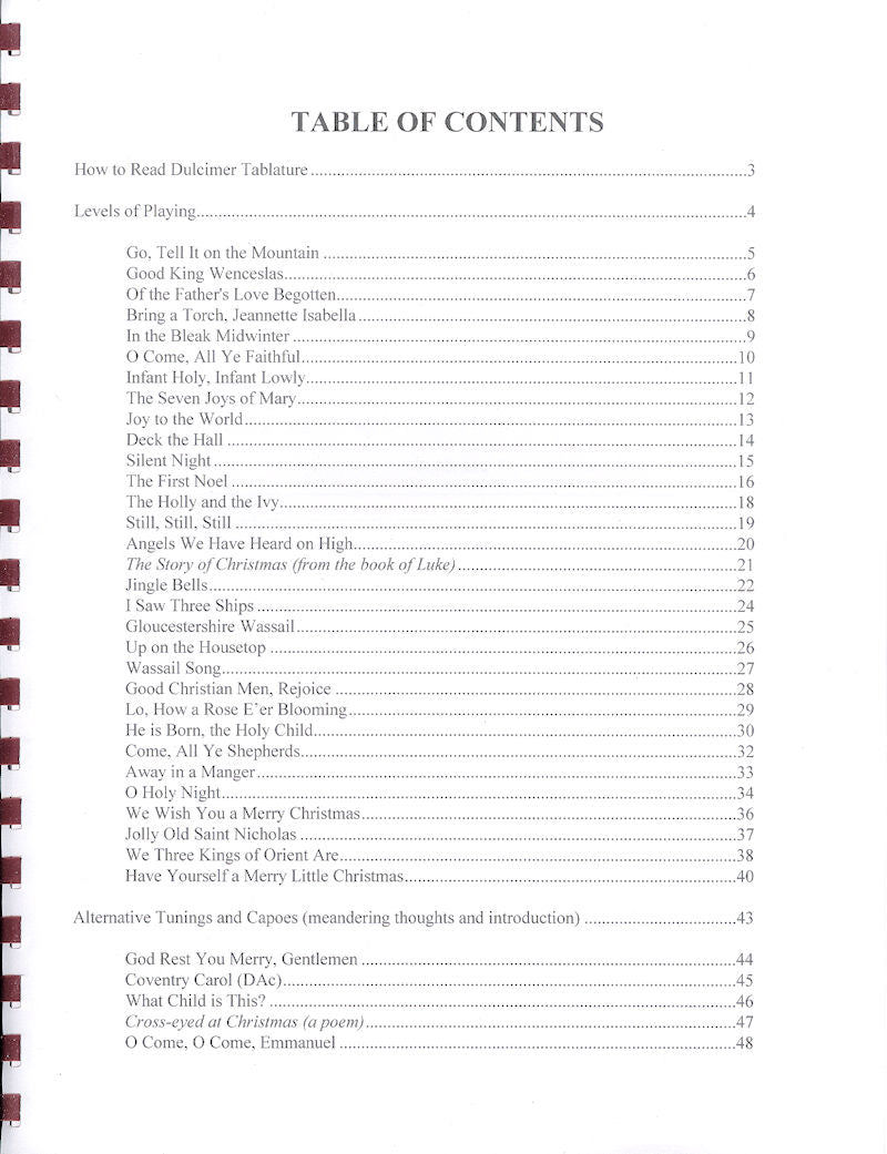 A table of contents for "Christmas with the Mountain Dulcimer - by Joe Collins" book featuring Christmas favorites.