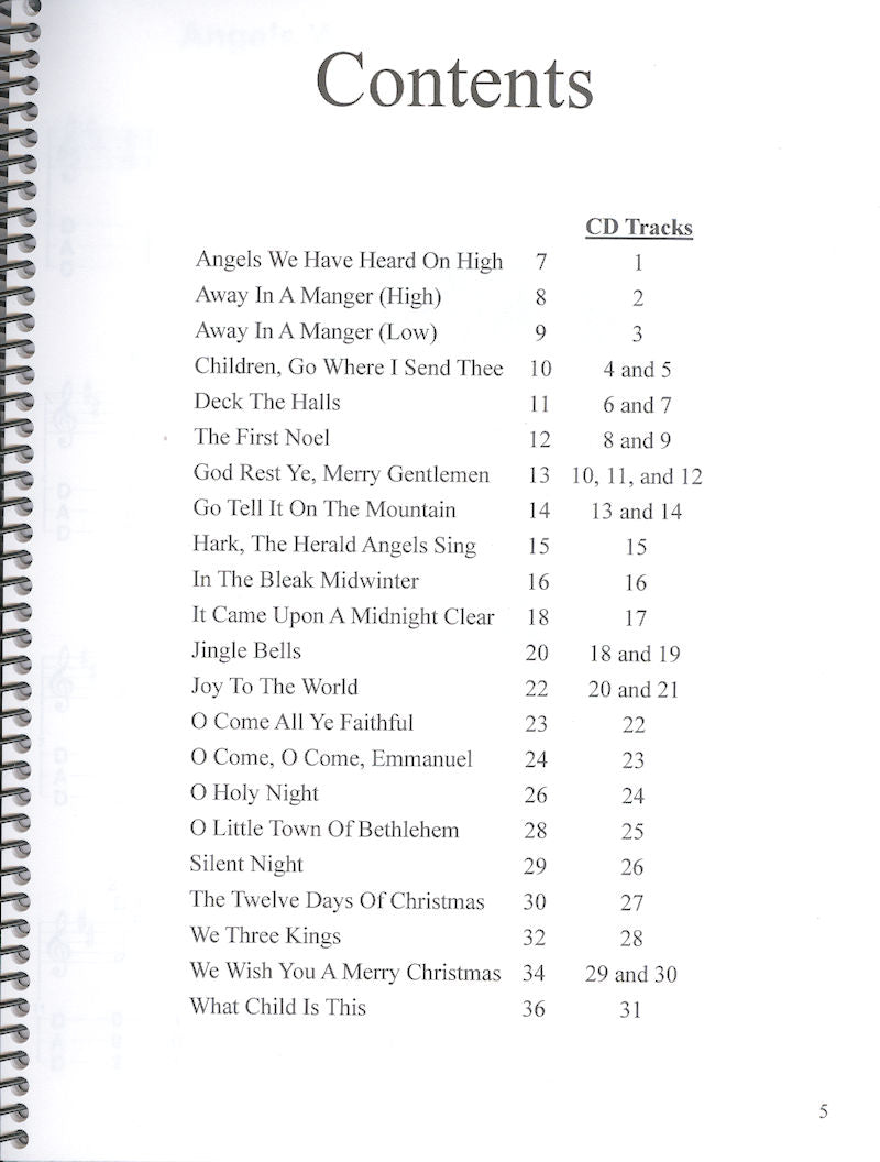 Table of contents for a "Come Let Us Adore Him D-A-DD and D-A-CC -by Stephen Seifert" songbook with traditional Christmas favorites, including song titles and corresponding page and CD track numbers.