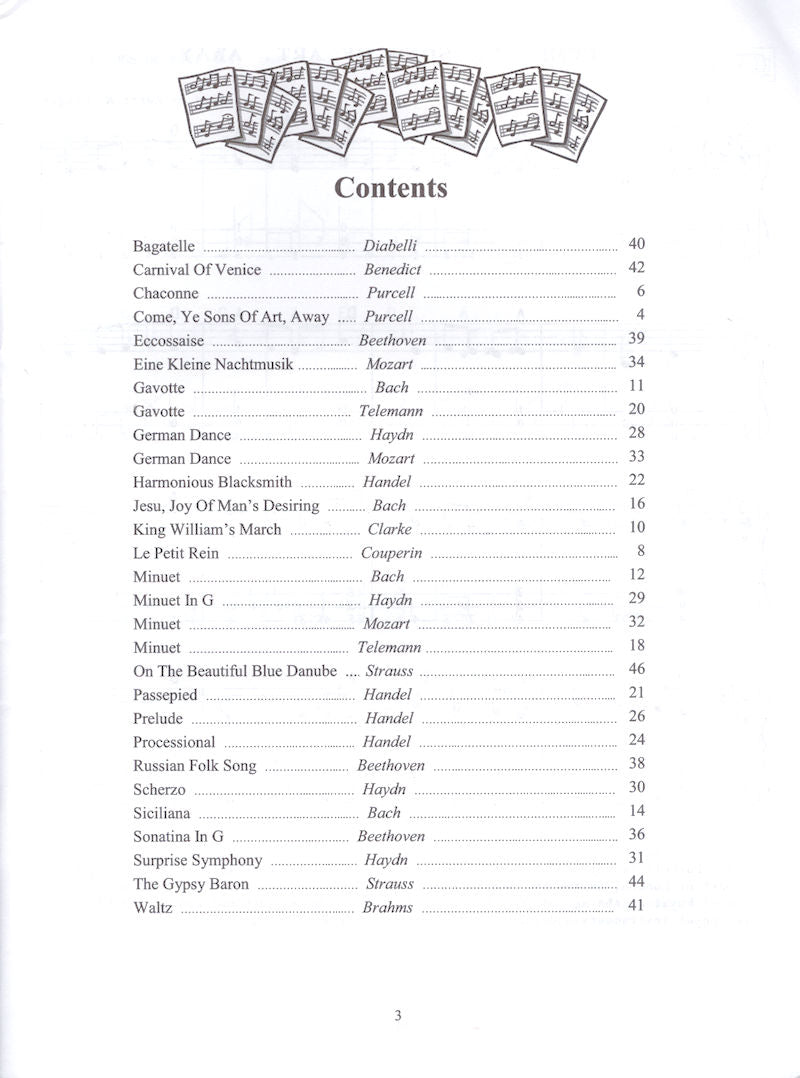 The front page of The Classical Dulcimer - by Larry Conger, with a list of names, featuring baroque influences.