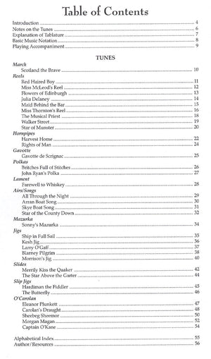 A Table of Contents listing various sections, including Introduction, Celtic Tunes, March, Reels, Jigs, Hornpipes, Gavottes, Polkas, Airs, Mazurkas, Slides and Additional Resources with notation and tablature for autoharps spanning pages 4 to 56 in Celtic Autoharp by Karen Mueller.