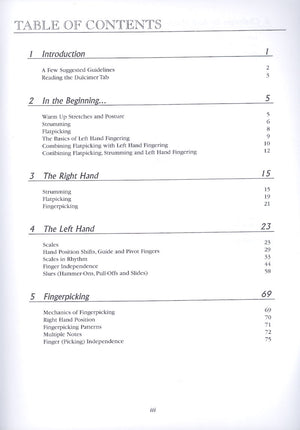 The contents of the Hands-On Dulcimer - by Mike Casey with a table of contents specifically tailored for fretted dulcimer players.