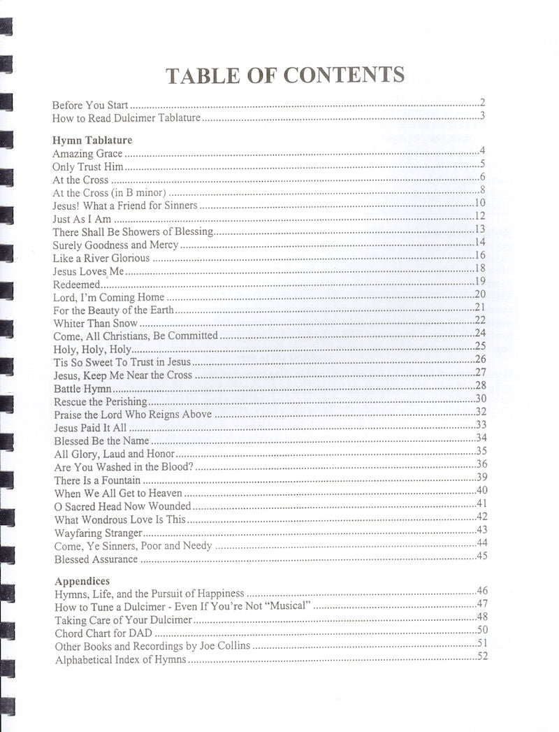 A Simply Hymns D-A-D - by Joe Collins table of contents for a book that includes easy to follow tab for melody notes.