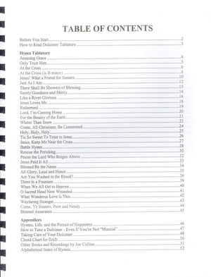 A Simply Hymns D-A-D - by Joe Collins table of contents for a book that includes easy to follow tab for melody notes.