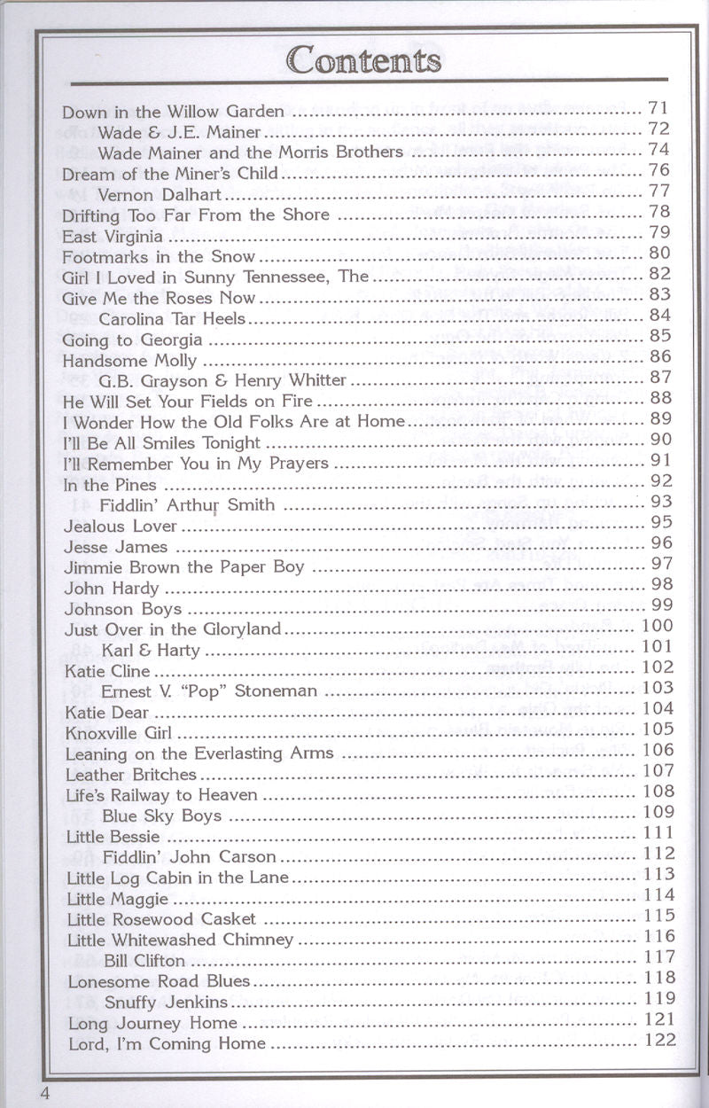 Index page of "Rural Roots of Bluegrass - by Wayne Erbsen" listing various traditional songs and bluegrass titles along with their corresponding page numbers.