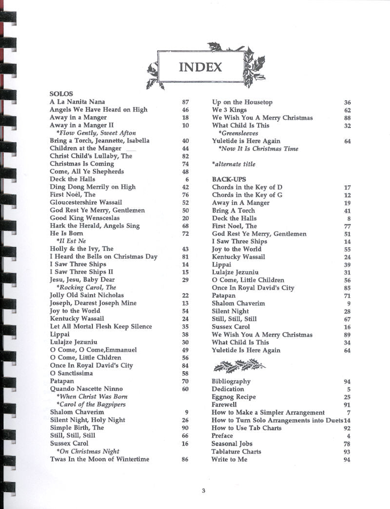The inside of a Hammered Dulcimer Christmas - by Linda Lowe Thompson with a list of Christmas songs.