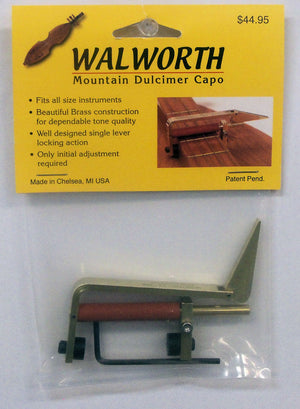 The WALWORTH mountain dulcimer capo is expertly crafted from brass, ensuring a durable and reliable construction. Designed to fit all size instruments, this capo provides an effortless way to