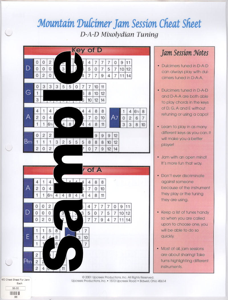A Mountain Dulcimer Jam Session Cheat Sheet DAD for a Mountain Dulcimer jam section chart in DAD Mixolydian tuning.