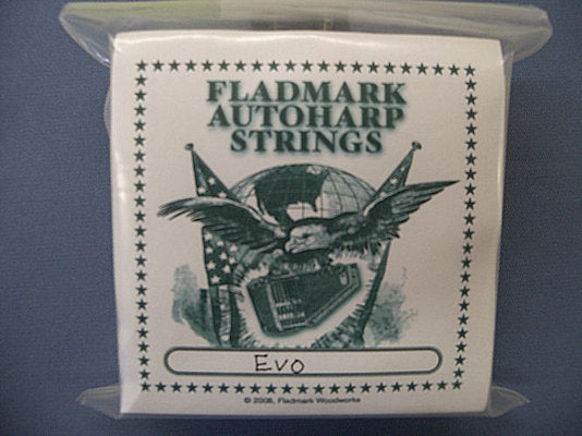 A package labeled "Evoharp A Model LE String Set" features an eagle, globe, and flags graphic with "Evo" handwritten at the bottom. This string set includes 36 autoharp strings.