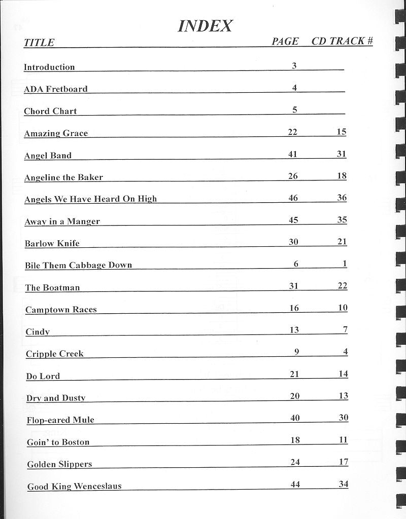 Index page of "Jamming with the Baritone in the Key of D by Shelley Stevens" tab book listing song titles with corresponding page numbers and CD track numbers.
