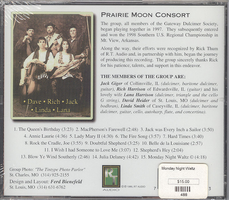 CD back cover of "Monday Night Waltz by Rick Thum," featuring tracklist, group members, and recording details. A price tag on the case displays "$15.00.