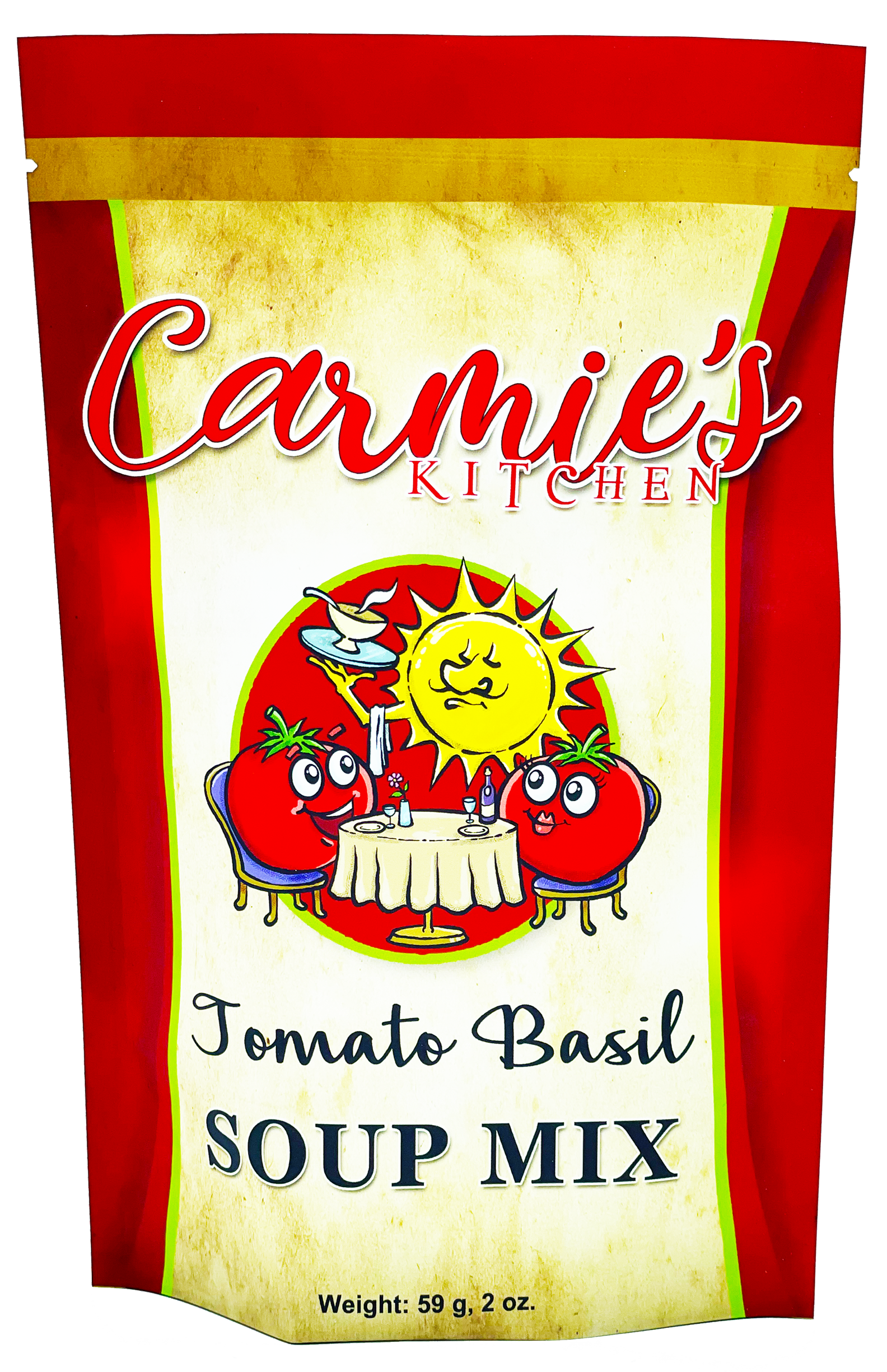 A red and yellow packet of Carmie's Kitchen Tomato Basil Soup Mix features cartoon tomatoes dining under a sun, suggesting the rich flavors inside.
