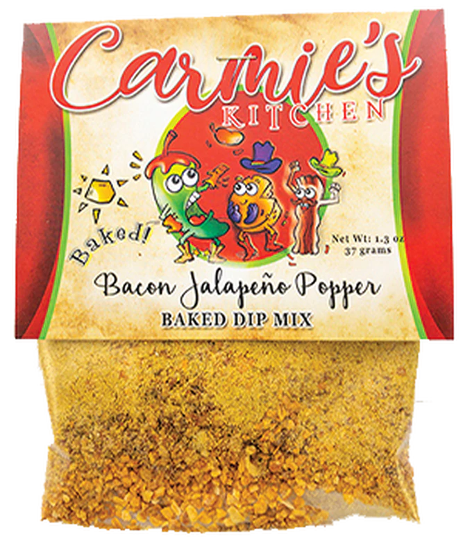 The Baked Bacon Jalapeno Popper Dip Mix package, featuring colorful illustrated ingredients, offers bold cheddar cheese and jalapeño flavors to elevate your dipping experience.