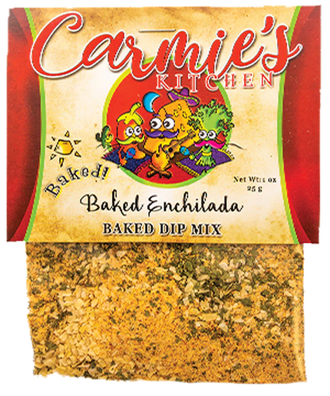 Explore the 0.9 oz Baked Enchilada Dip Mix by Carmie's Kitchen, an ideal holiday gift with vibrant cartoon character packaging and a window showcasing the seasoning, perfect for cheese enchilada dip enthusiasts.