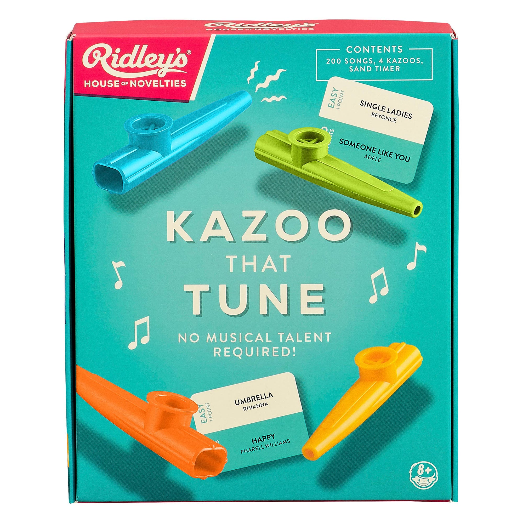 A box of Ridley's Games musical instruments, featuring the Kazoo That Tune and Kazoo.