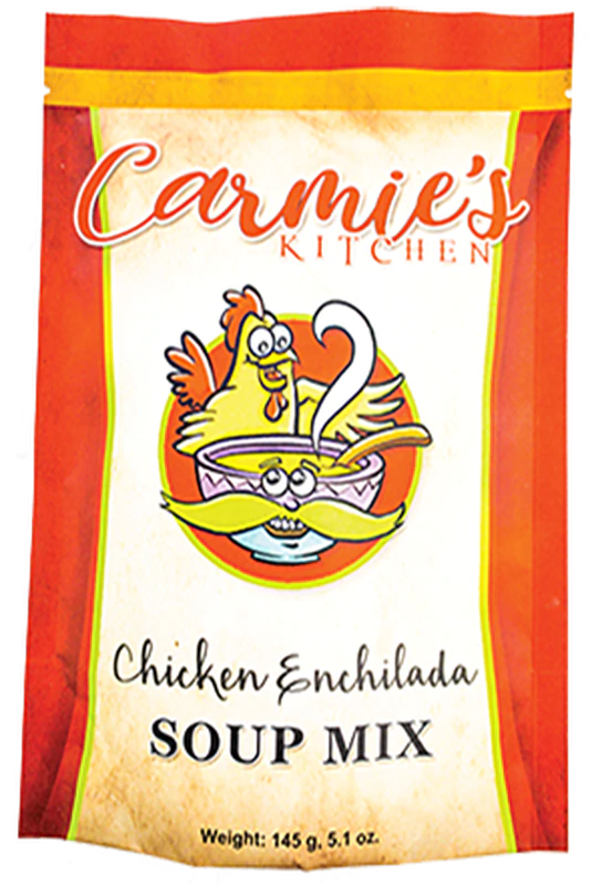 A packet of Chicken Enchilada Soup Mix from Carmie's Kitchen, weighing 145 grams (5.1 oz), with an illustration of a chicken and a bowl of soup on the front—perfect as a holiday gift.
