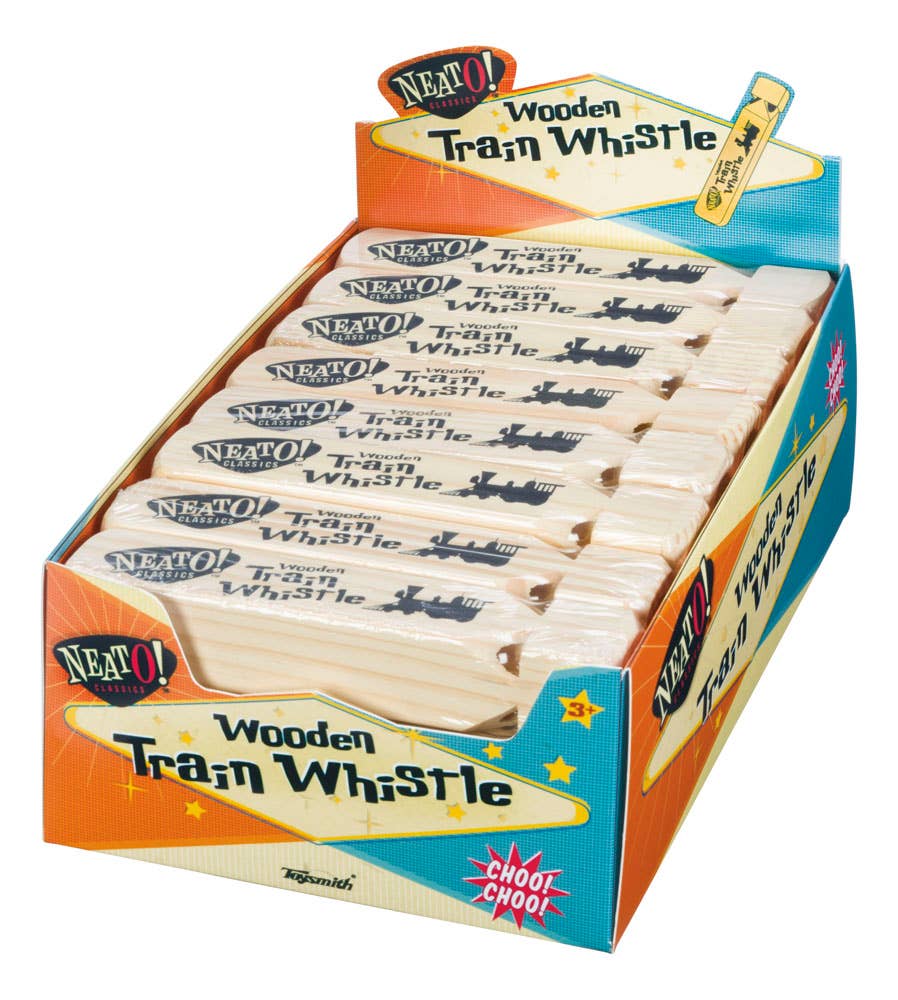 A box of Neato! 7.5" Classic Wooden Train Whistles, mimicking the sound of a locomotive's call, on display.