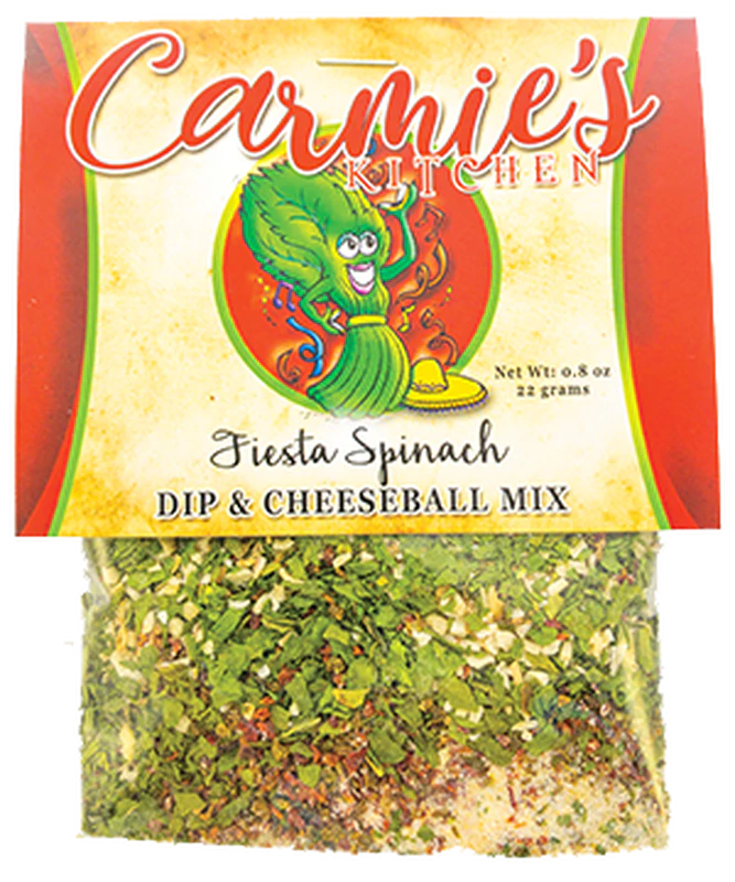 A package of Fiesta Spinach Dip Mix from Carmie's Kitchen, with a net weight of 0.8 oz (22 grams), features a cartoon spinach character on the label. This delightful dip mix makes for a perfect holiday gift or can be blended with cream to create a tasty sour cream dip.