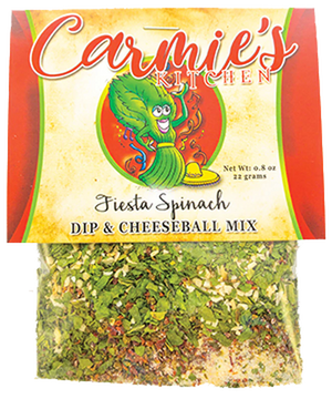 A package of Fiesta Spinach Dip Mix from Carmie's Kitchen, with a net weight of 0.8 oz (22 grams), features a cartoon spinach character on the label. This delightful dip mix makes for a perfect holiday gift or can be blended with cream to create a tasty sour cream dip.