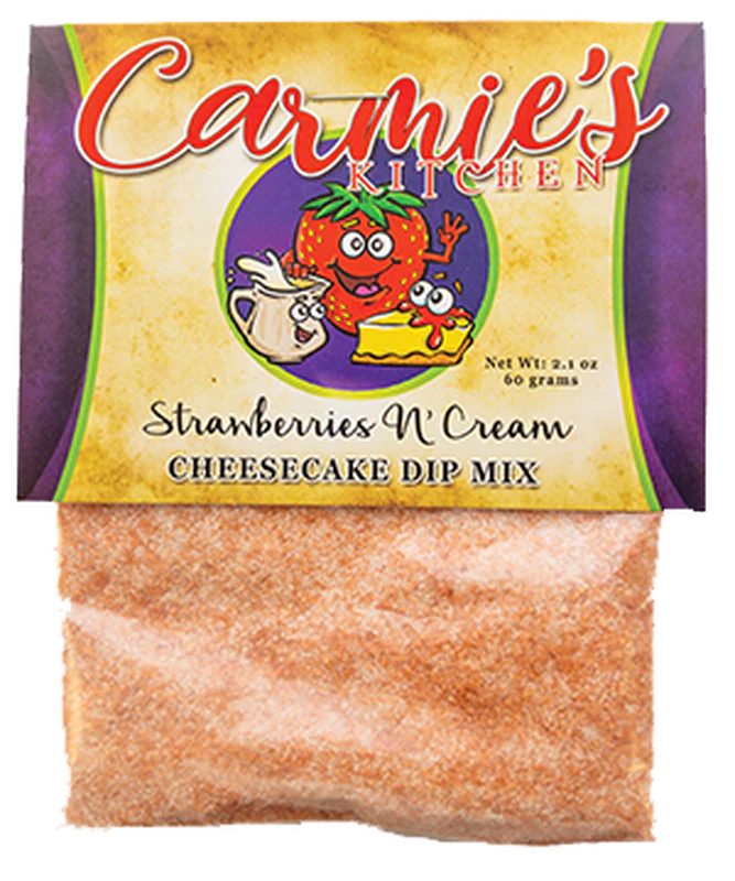 Packet of Strawberries N Cream Cheesecake Dip, 2.1 oz, with a charming cartoon strawberry and whipped cream art on the label—beautifully conveying its irresistible strawberry essence. Perfect for Carmie's fans!.