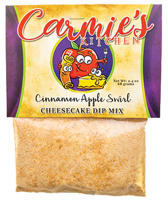 Packet of Apple Cinnamon Swirl Cheesecake Dip, 2.4 oz (68 grams), featuring a colorful label with apple and cheese illustrations.