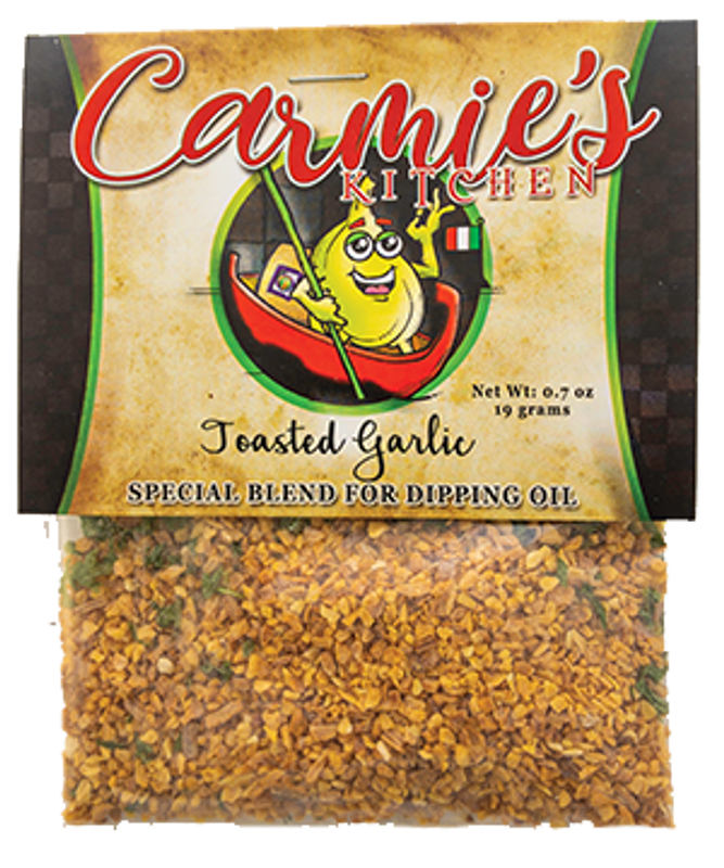 Carmie's Kitchen's Toasted Garlic Dipping Oil Seasoning is a unique 0.7 oz (19 g) mix that perfectly enhances olive oil for dipping.
