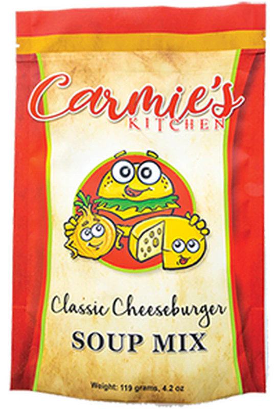 Carmie's Kitchen Classic Cheeseburger Soup Mix, packed with comfort, features playful cartoon characters on the packaging.