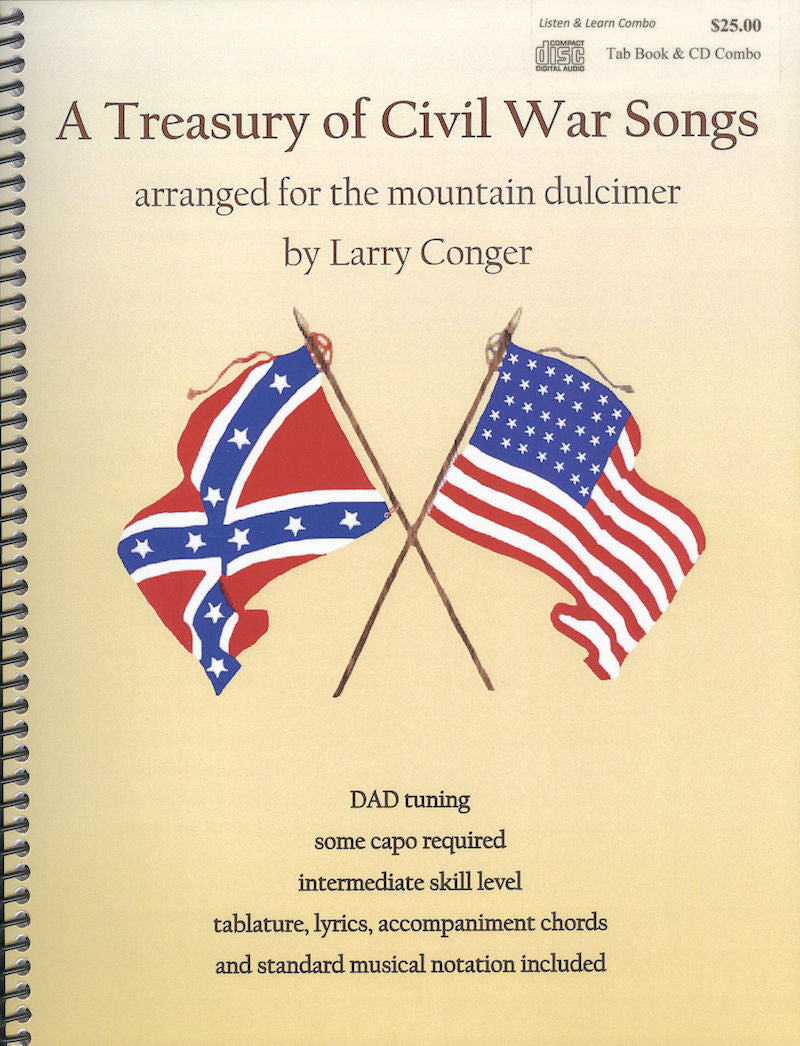 Spiral-bound book cover titled "A Treasury of Civil War Songs by Larry Conger." Features crossed flags, details about tuning and skill level, and includes free downloadable audio tracks.